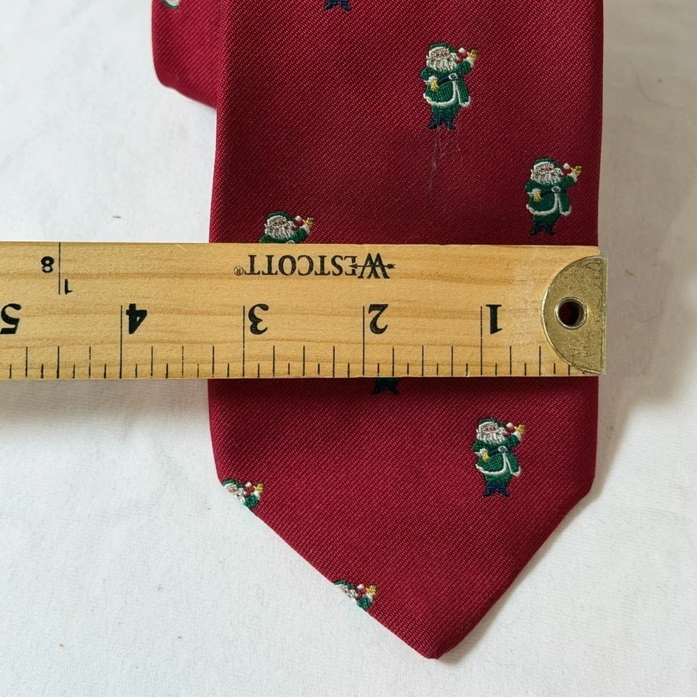 Robert Talbott Hand Sewn Christmas Santa Clause Embroidered Red Tie Green Motif